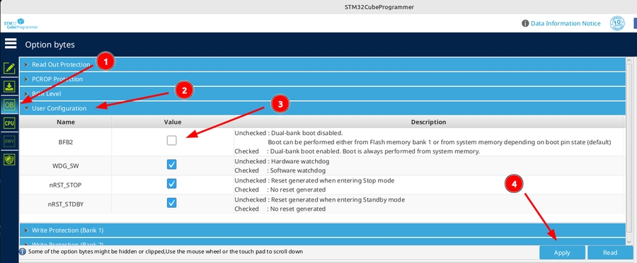 STM32CubeProgrammer: Option bytes